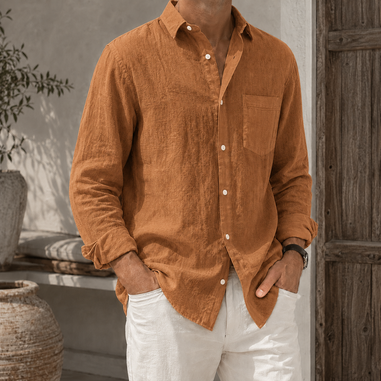 Mivanity Men’s Textured Linen-Blend Long Sleeve Button-Up Shirt