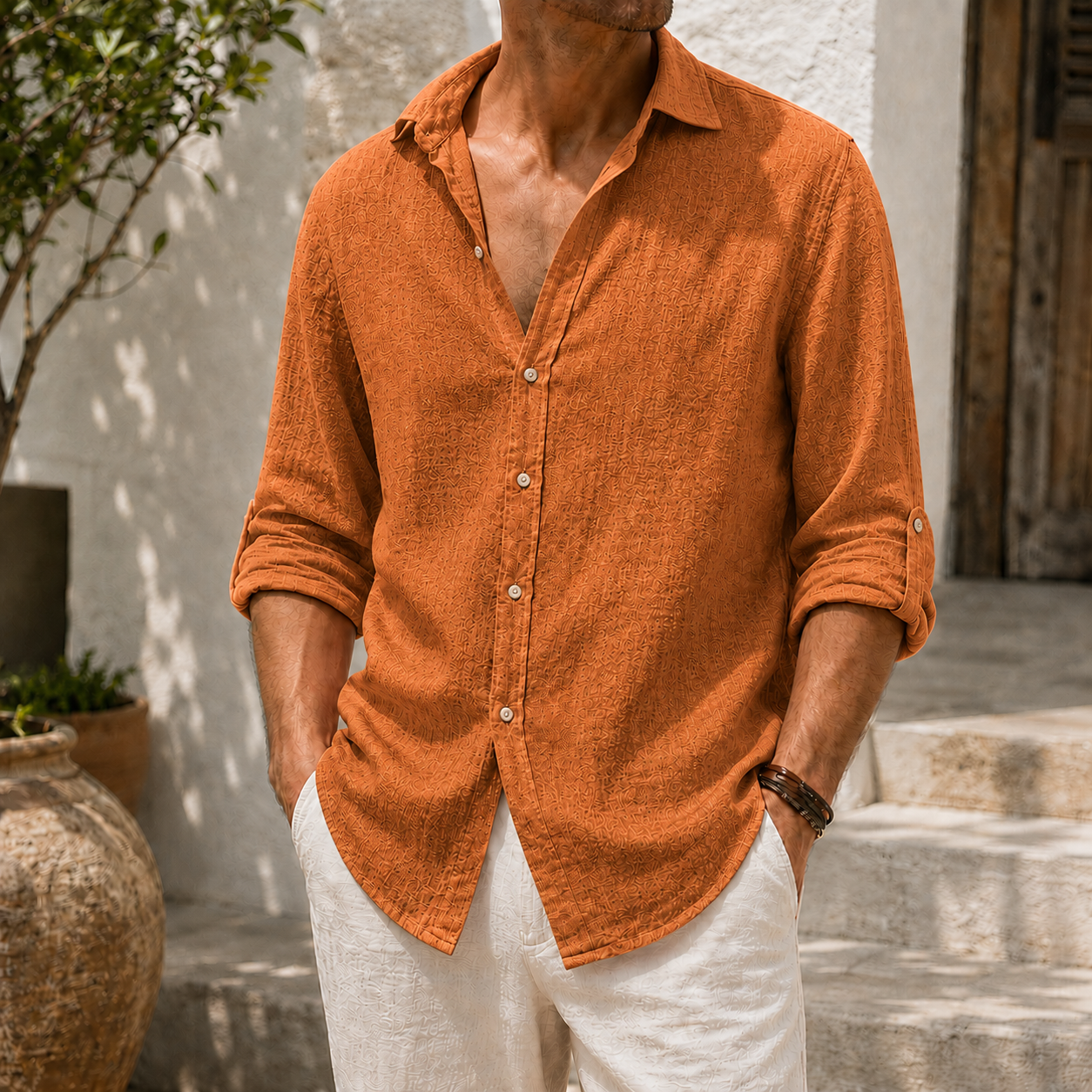 Mivanity Men’s Textured Linen-Blend Long Sleeve Button-Up Shirt