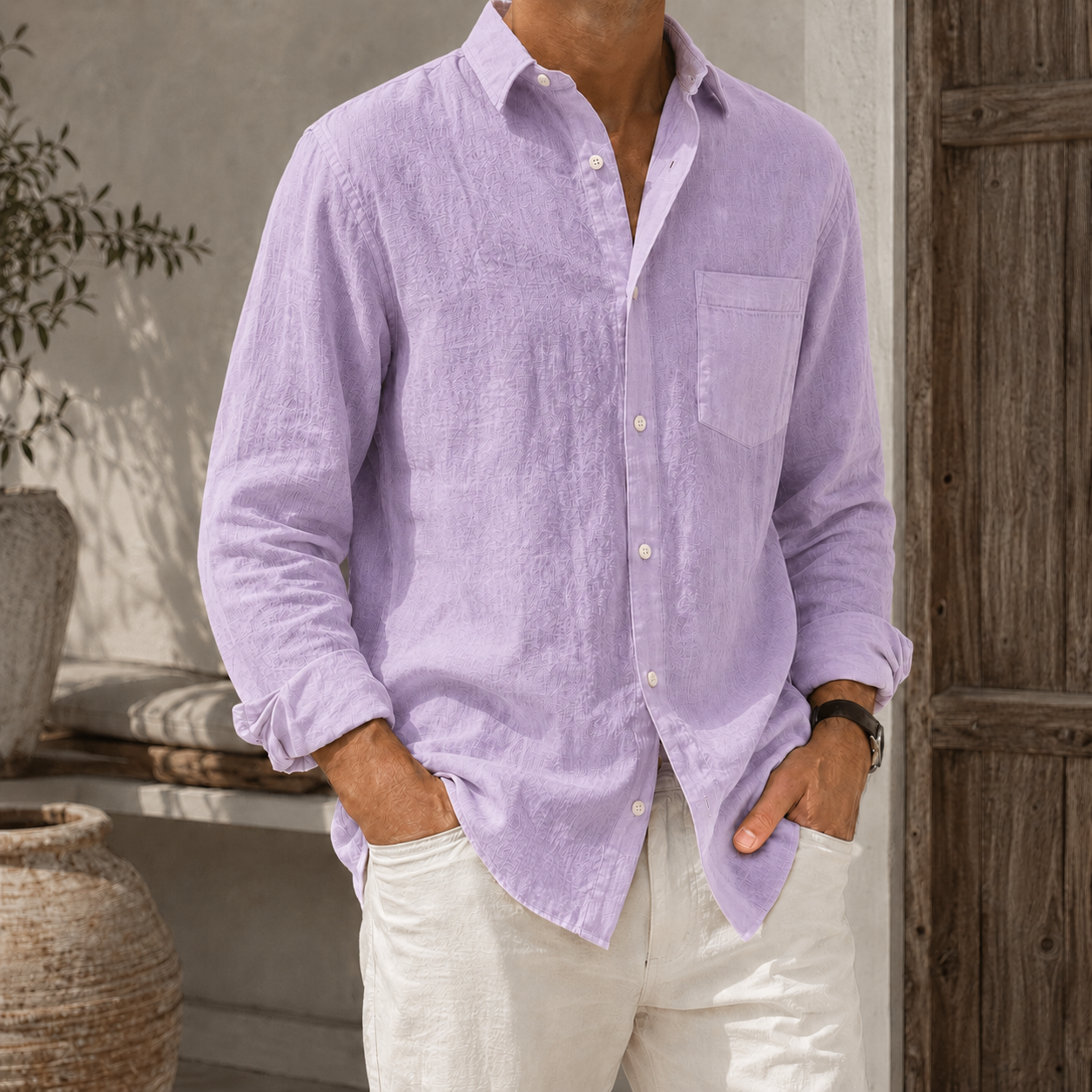 Mivanity Men’s Textured Linen-Blend Long Sleeve Button-Up Shirt