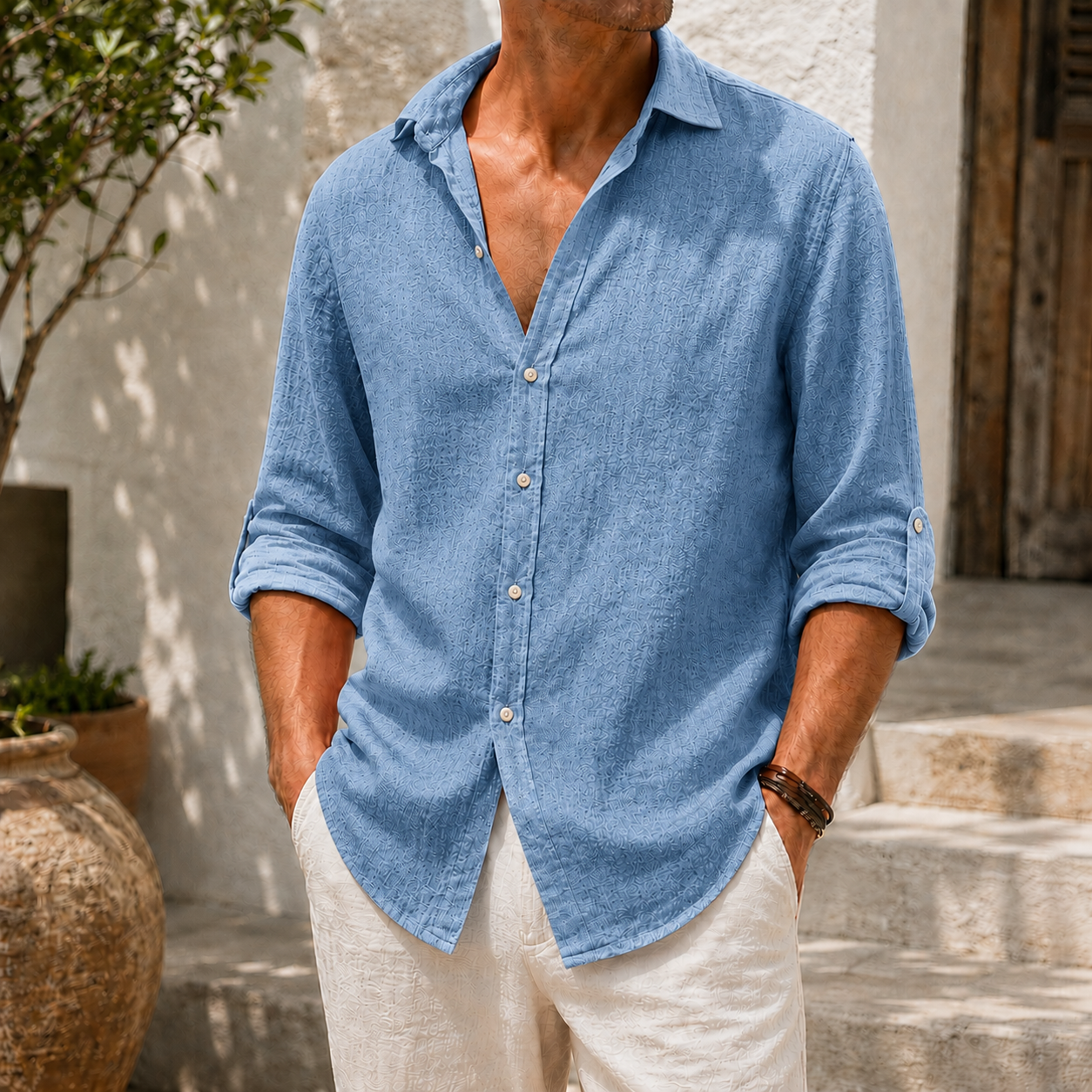 Mivanity Men’s Textured Linen-Blend Long Sleeve Button-Up Shirt