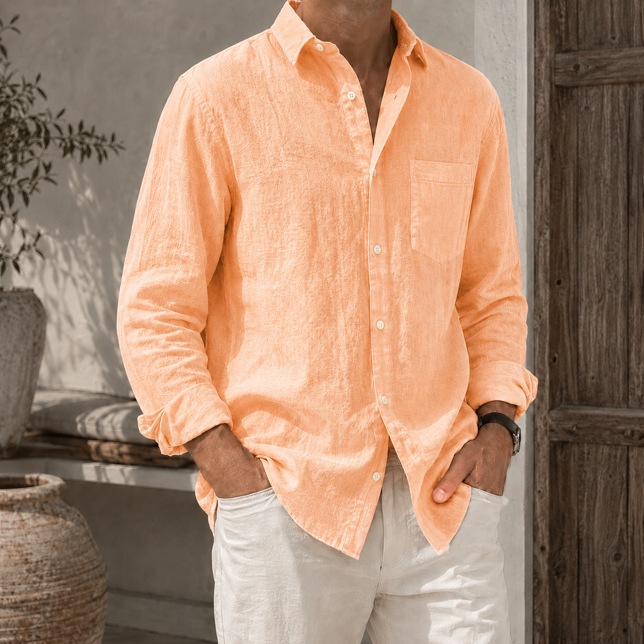Mivanity Men’s Textured Linen-Blend Long Sleeve Button-Up Shirt