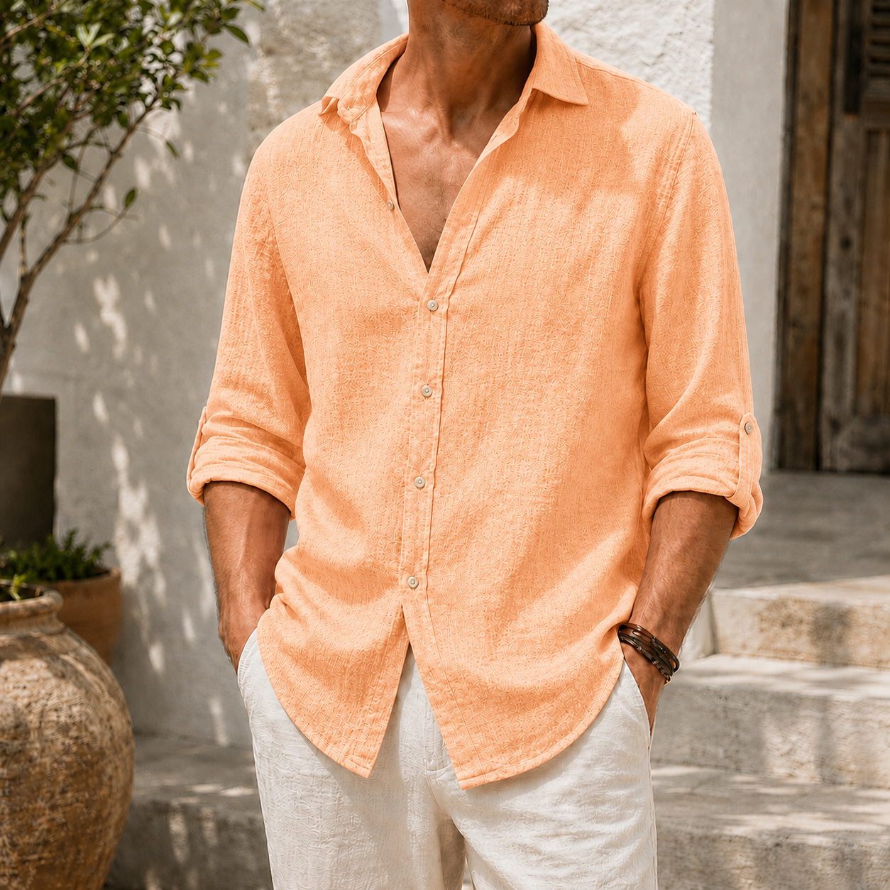 Mivanity Men’s Textured Linen-Blend Long Sleeve Button-Up Shirt