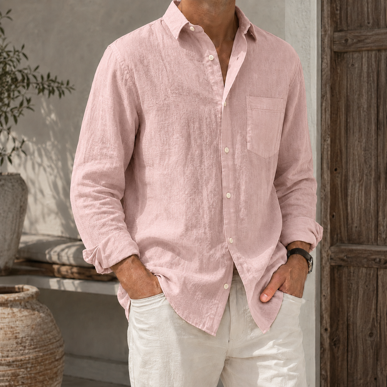 Mivanity Men’s Textured Linen-Blend Long Sleeve Button-Up Shirt