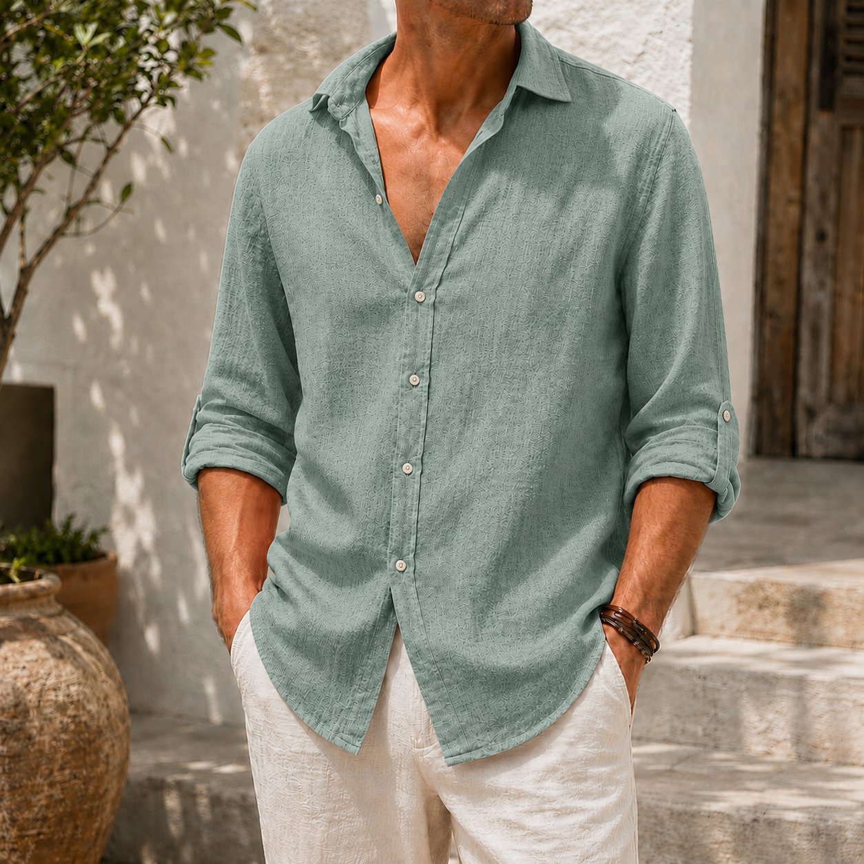 Mivanity Men’s Textured Linen-Blend Long Sleeve Button-Up Shirt