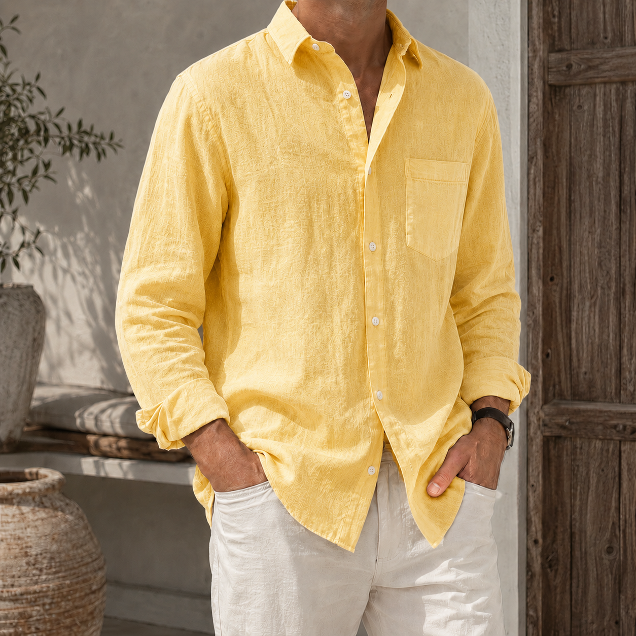 Mivanity Men’s Textured Linen-Blend Long Sleeve Button-Up Shirt