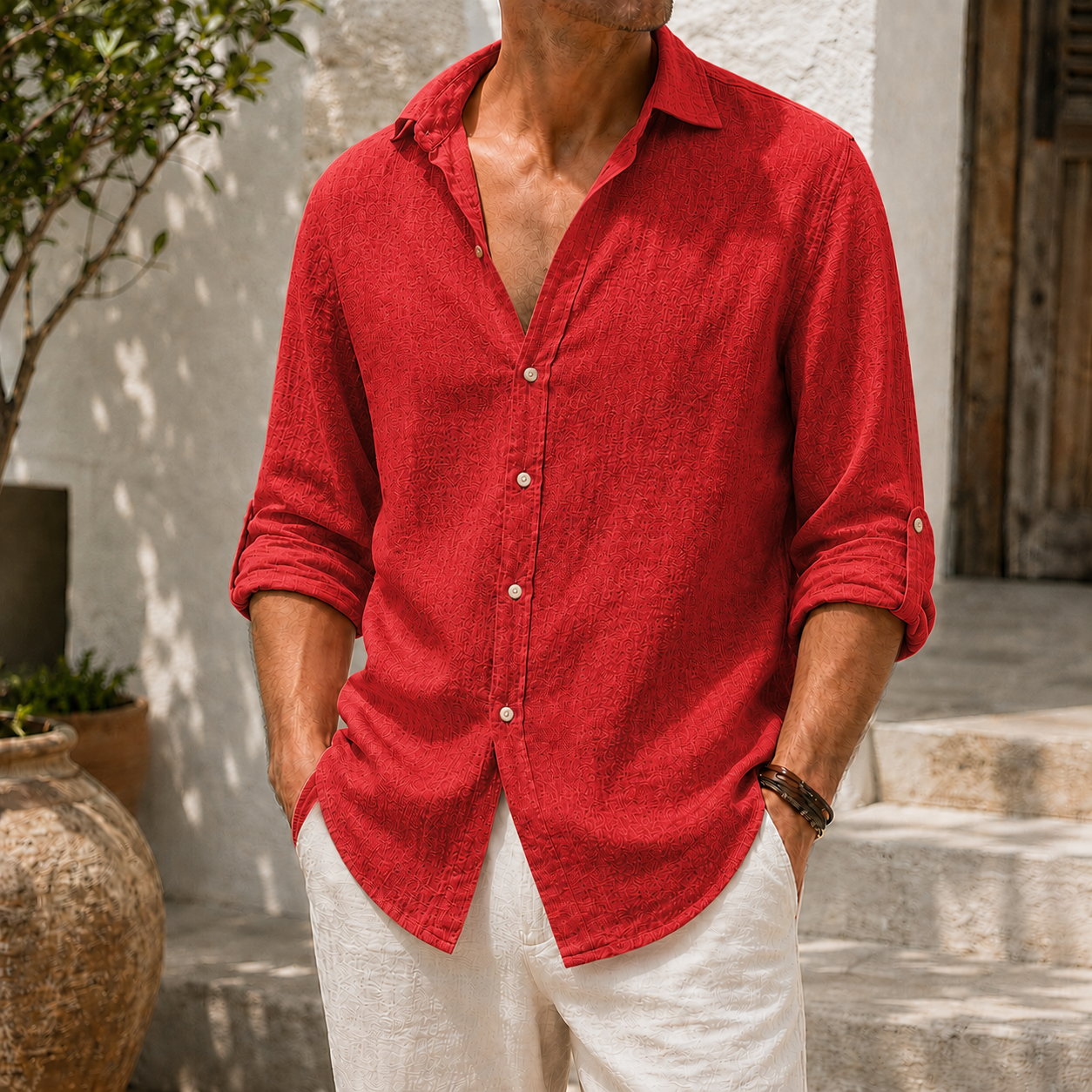 Mivanity Men’s Textured Linen-Blend Long Sleeve Button-Up Shirt