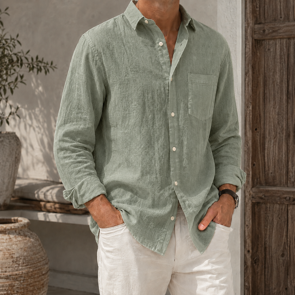 Mivanity Men’s Textured Linen-Blend Long Sleeve Button-Up Shirt