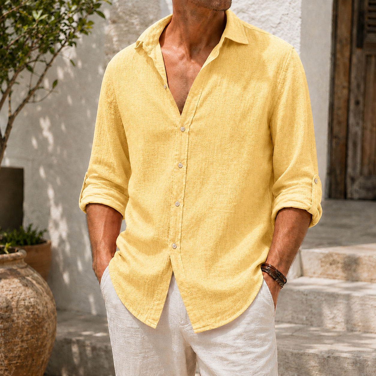 Mivanity Men’s Textured Linen-Blend Long Sleeve Button-Up Shirt