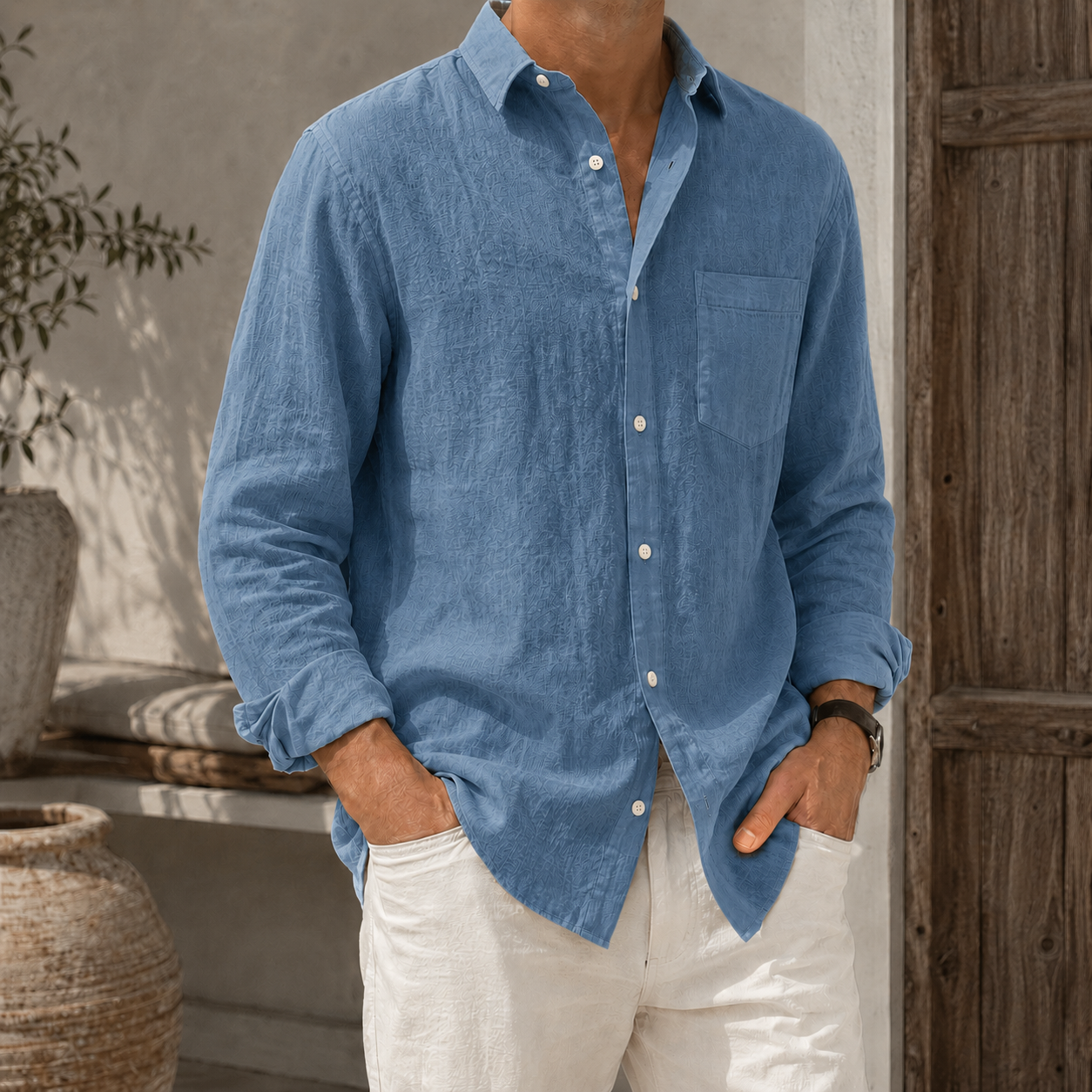 Mivanity Men’s Textured Linen-Blend Long Sleeve Button-Up Shirt