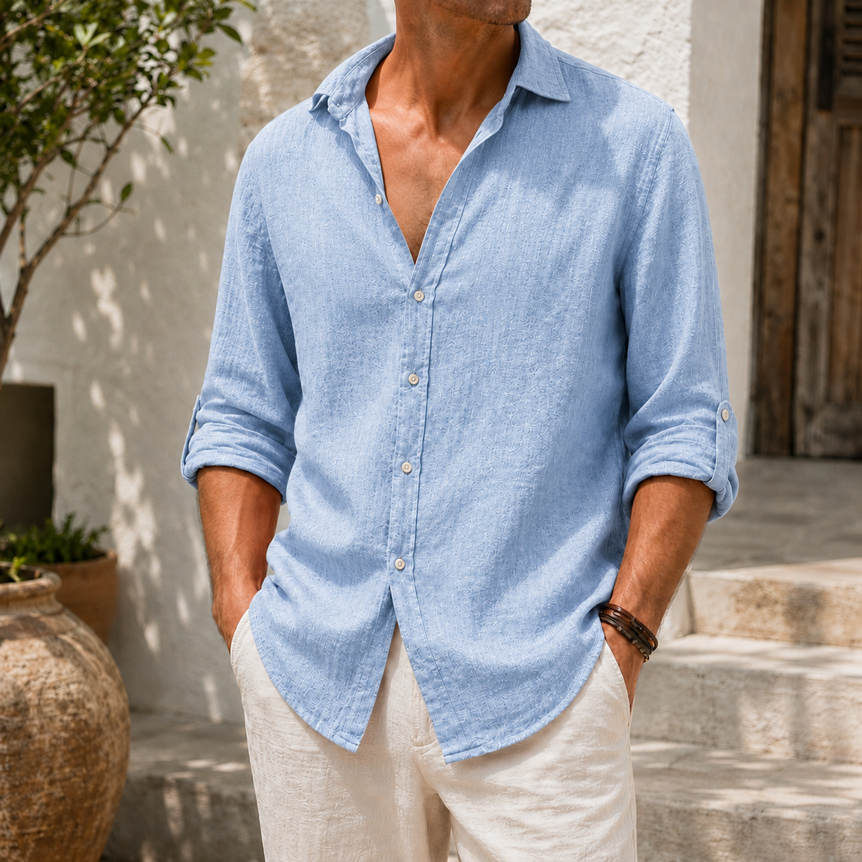 Mivanity Men’s Textured Linen-Blend Long Sleeve Button-Up Shirt