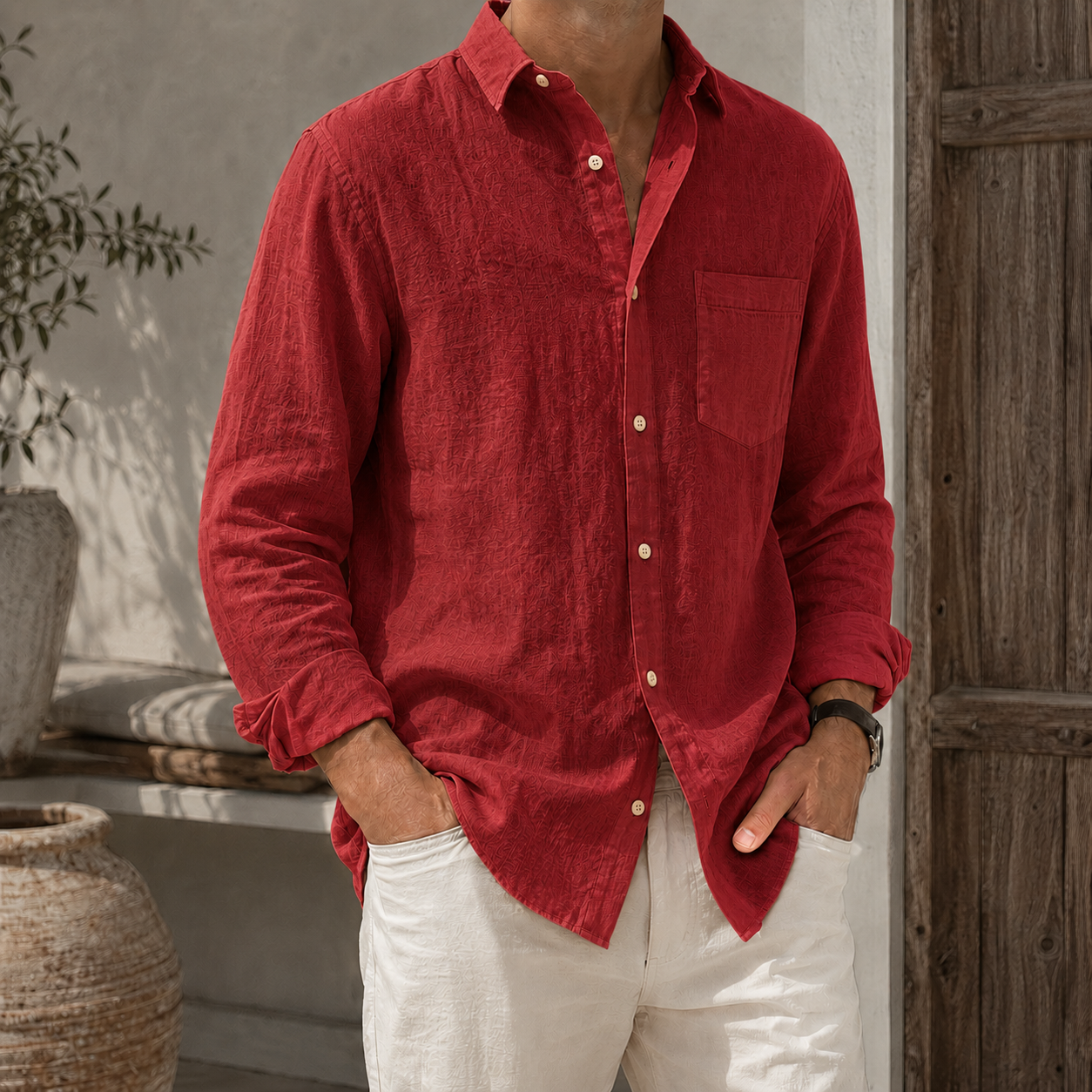 Mivanity Men’s Textured Linen-Blend Long Sleeve Button-Up Shirt