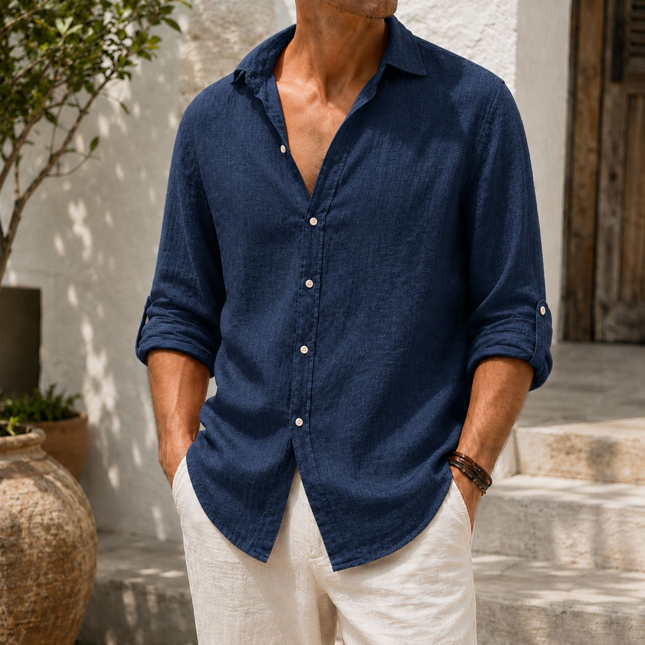 Mivanity Men’s Textured Linen-Blend Long Sleeve Button-Up Shirt