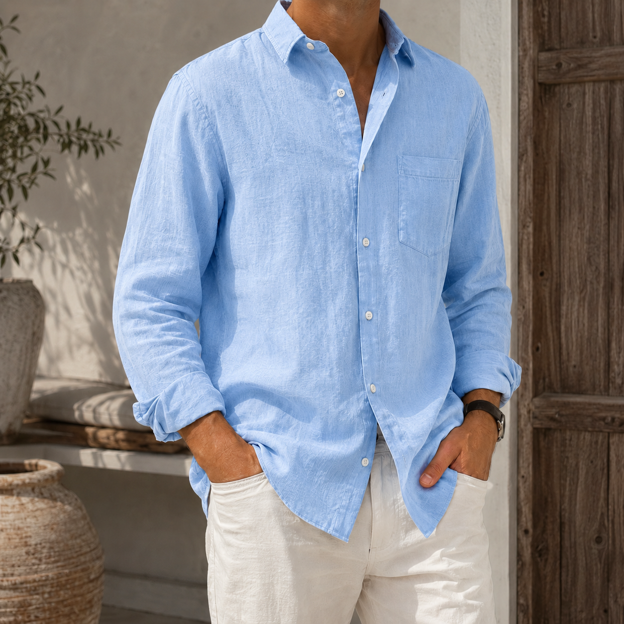 Mivanity Men’s Textured Linen-Blend Long Sleeve Button-Up Shirt
