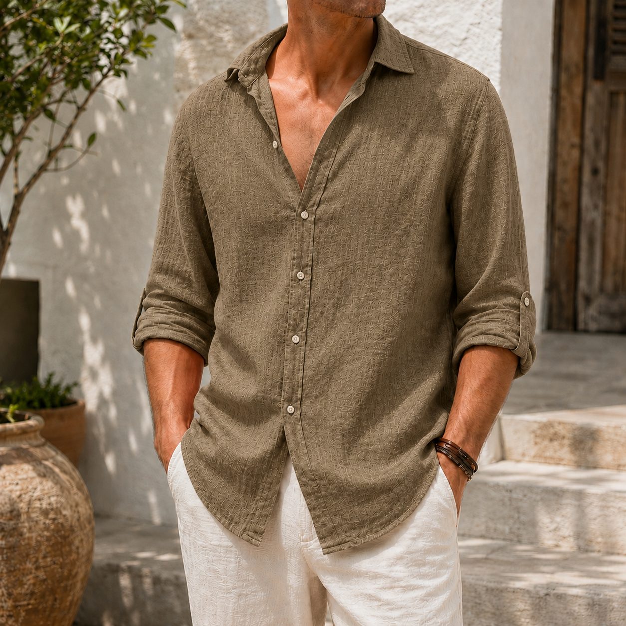 Mivanity Men’s Textured Linen-Blend Long Sleeve Button-Up Shirt