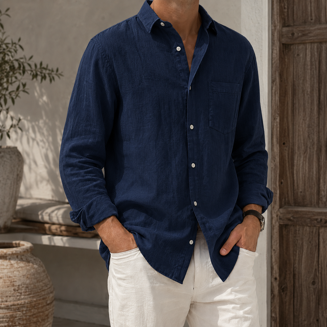 Mivanity Men’s Textured Linen-Blend Long Sleeve Button-Up Shirt