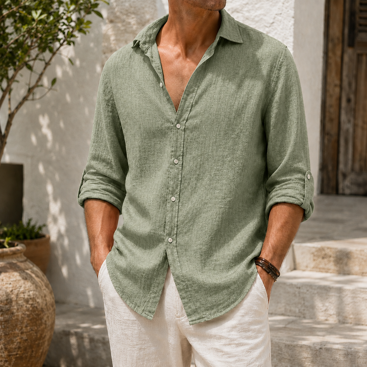 Mivanity Men’s Textured Linen-Blend Long Sleeve Button-Up Shirt