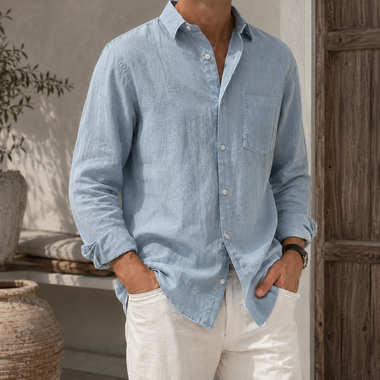 Mivanity Men’s Textured Linen-Blend Long Sleeve Button-Up Shirt