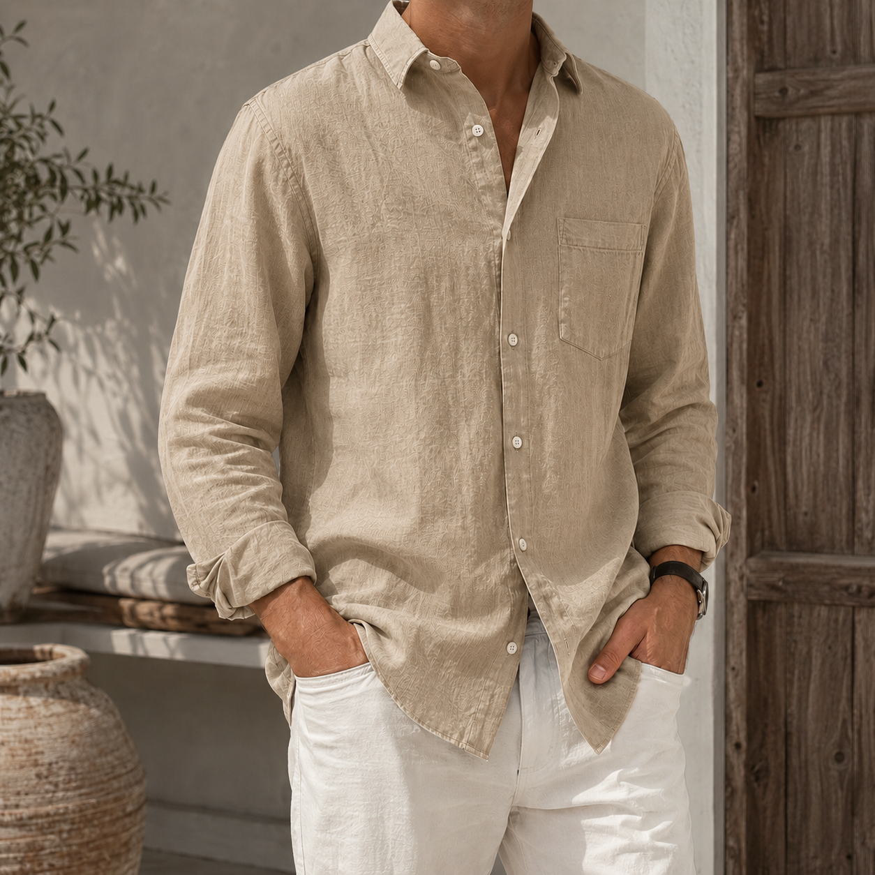 Mivanity Men’s Textured Linen-Blend Long Sleeve Button-Up Shirt