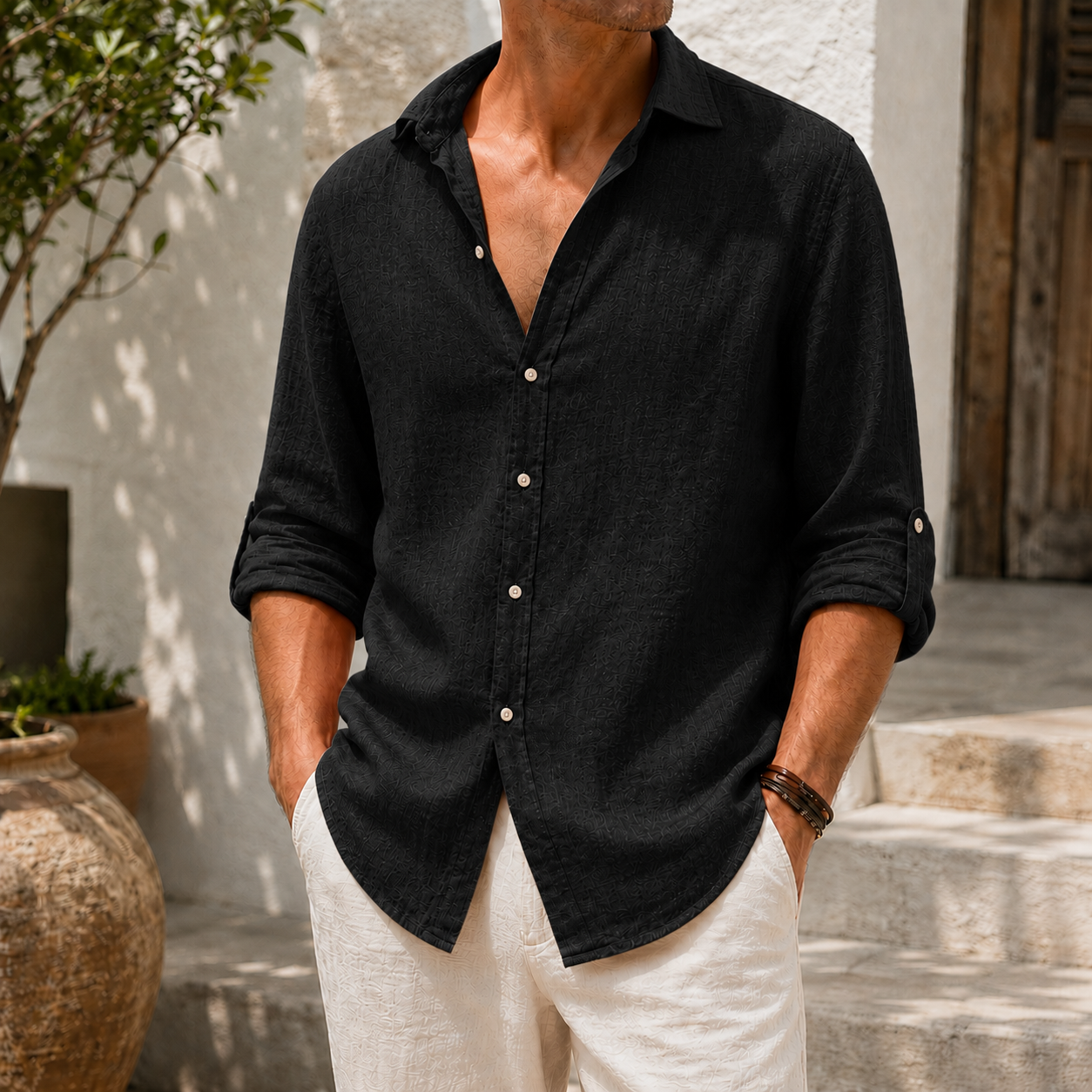 Mivanity Men’s Textured Linen-Blend Long Sleeve Button-Up Shirt