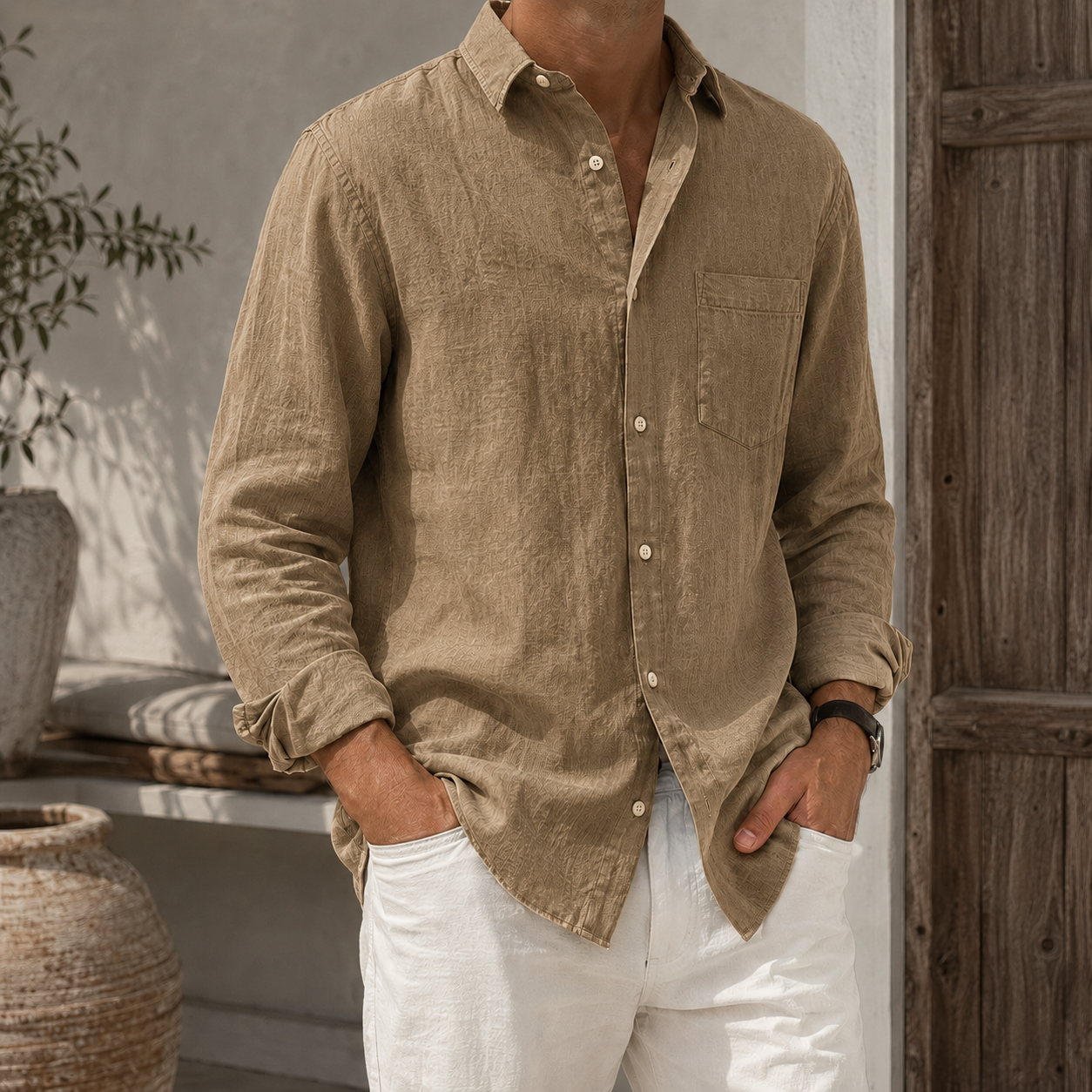 Mivanity Men’s Textured Linen-Blend Long Sleeve Button-Up Shirt