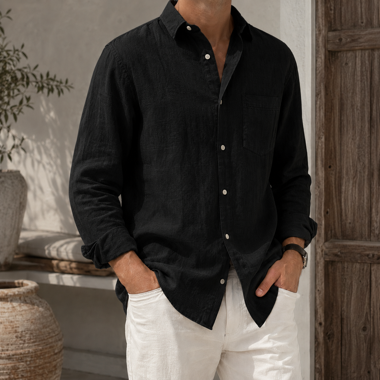 Mivanity Men’s Textured Linen-Blend Long Sleeve Button-Up Shirt