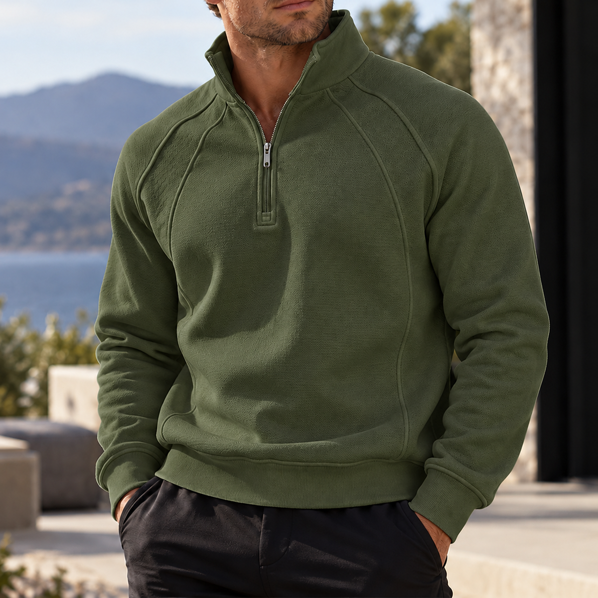 Mivanity Men's Textured Raglan Quarter-Zip Pullover Sweatshirt