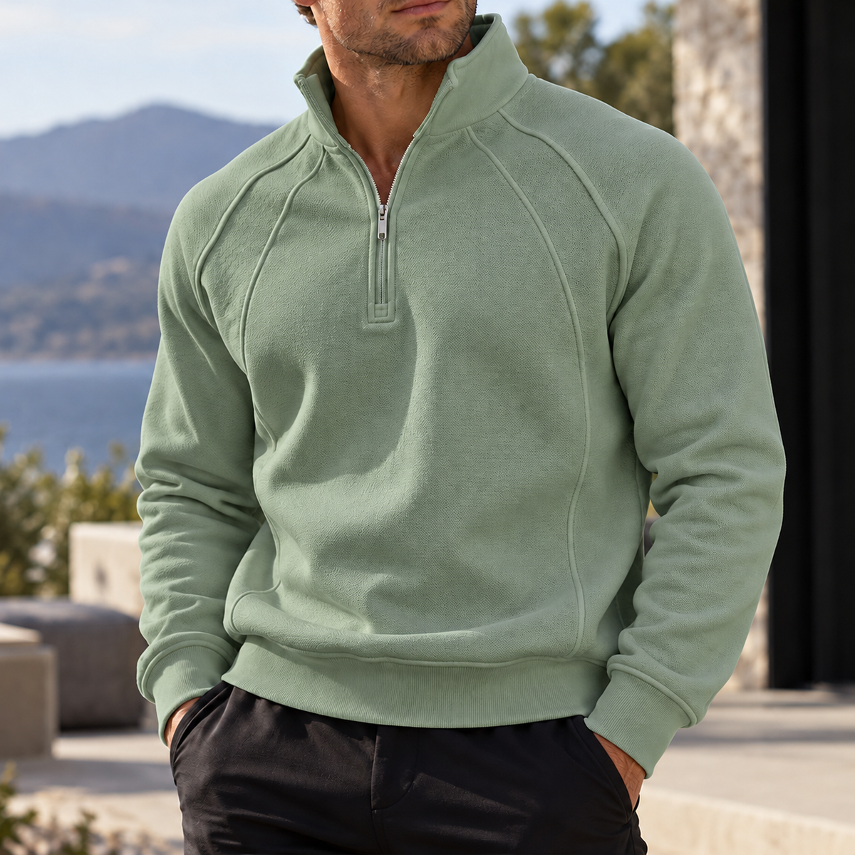 Mivanity Men's Textured Raglan Quarter-Zip Pullover Sweatshirt
