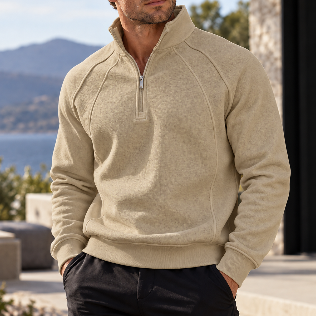 Mivanity Men's Textured Raglan Quarter-Zip Pullover Sweatshirt