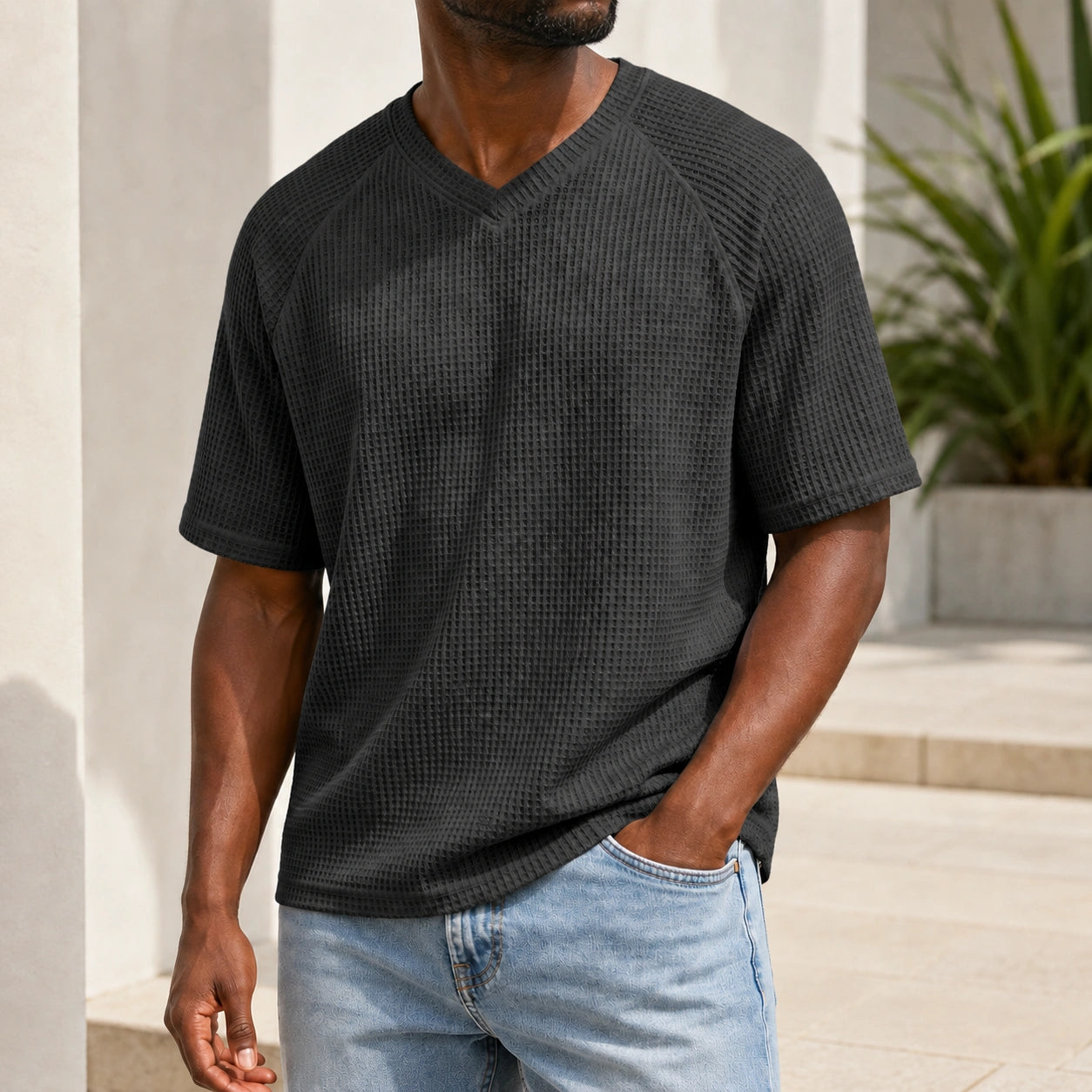 Mivanity Men's V-Neck Waffle Knit Short-Sleeve T-Shirts