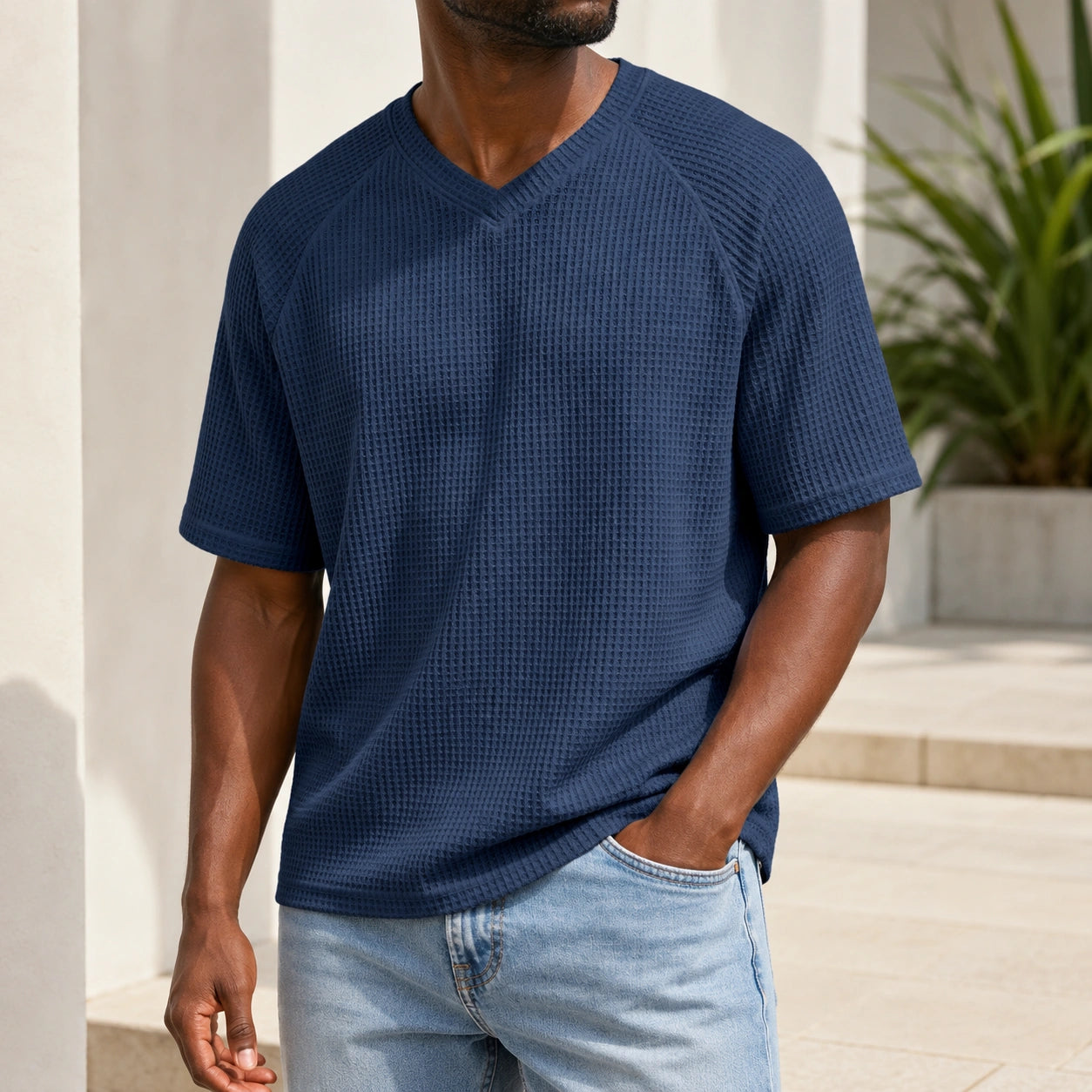 Mivanity Men's V-Neck Waffle Knit Short-Sleeve T-Shirts