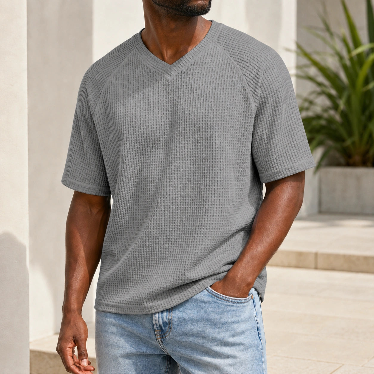 Mivanity Men's V-Neck Waffle Knit Short-Sleeve T-Shirts