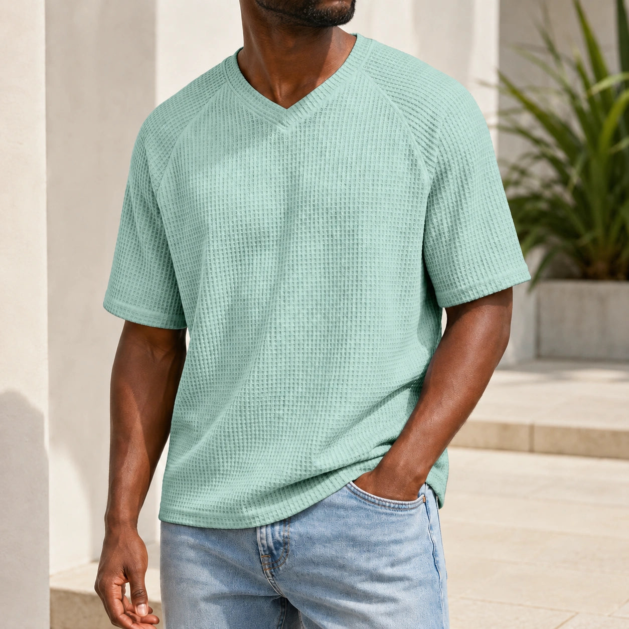 Mivanity Men's V-Neck Waffle Knit Short-Sleeve T-Shirts