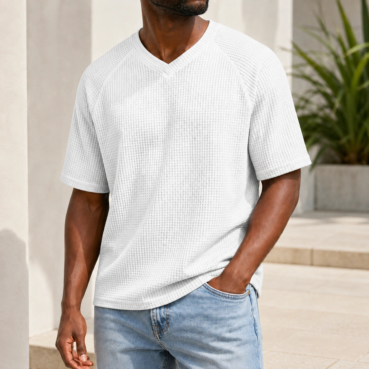 Mivanity Men's V-Neck Waffle Knit Short-Sleeve T-Shirts