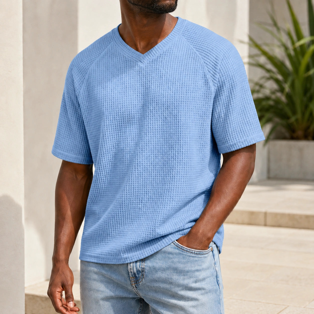 Mivanity Men's V-Neck Waffle Knit Short-Sleeve T-Shirts