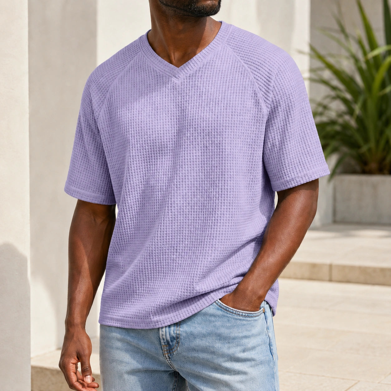 Mivanity Men's V-Neck Waffle Knit Short-Sleeve T-Shirts