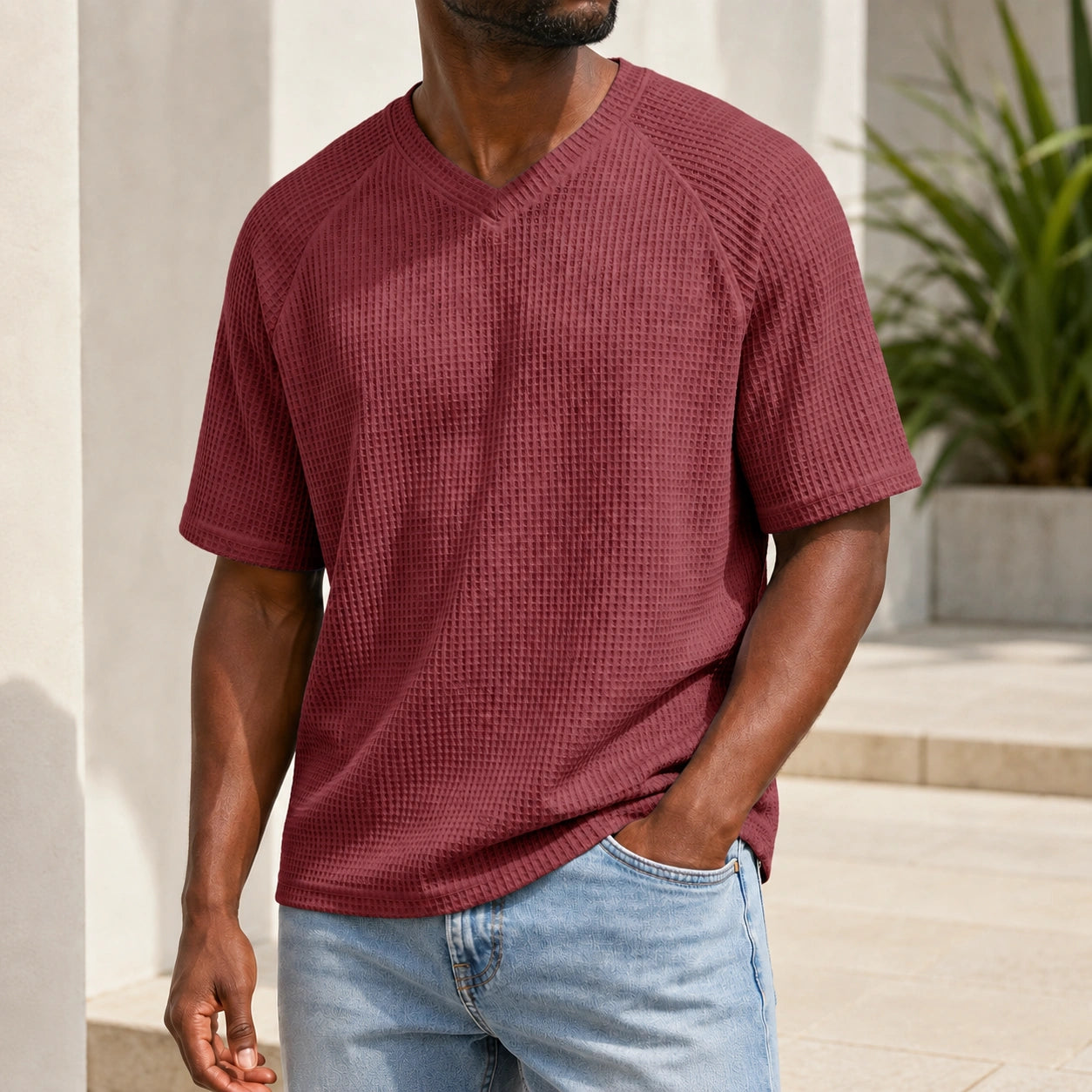 Mivanity Men's V-Neck Waffle Knit Short-Sleeve T-Shirts