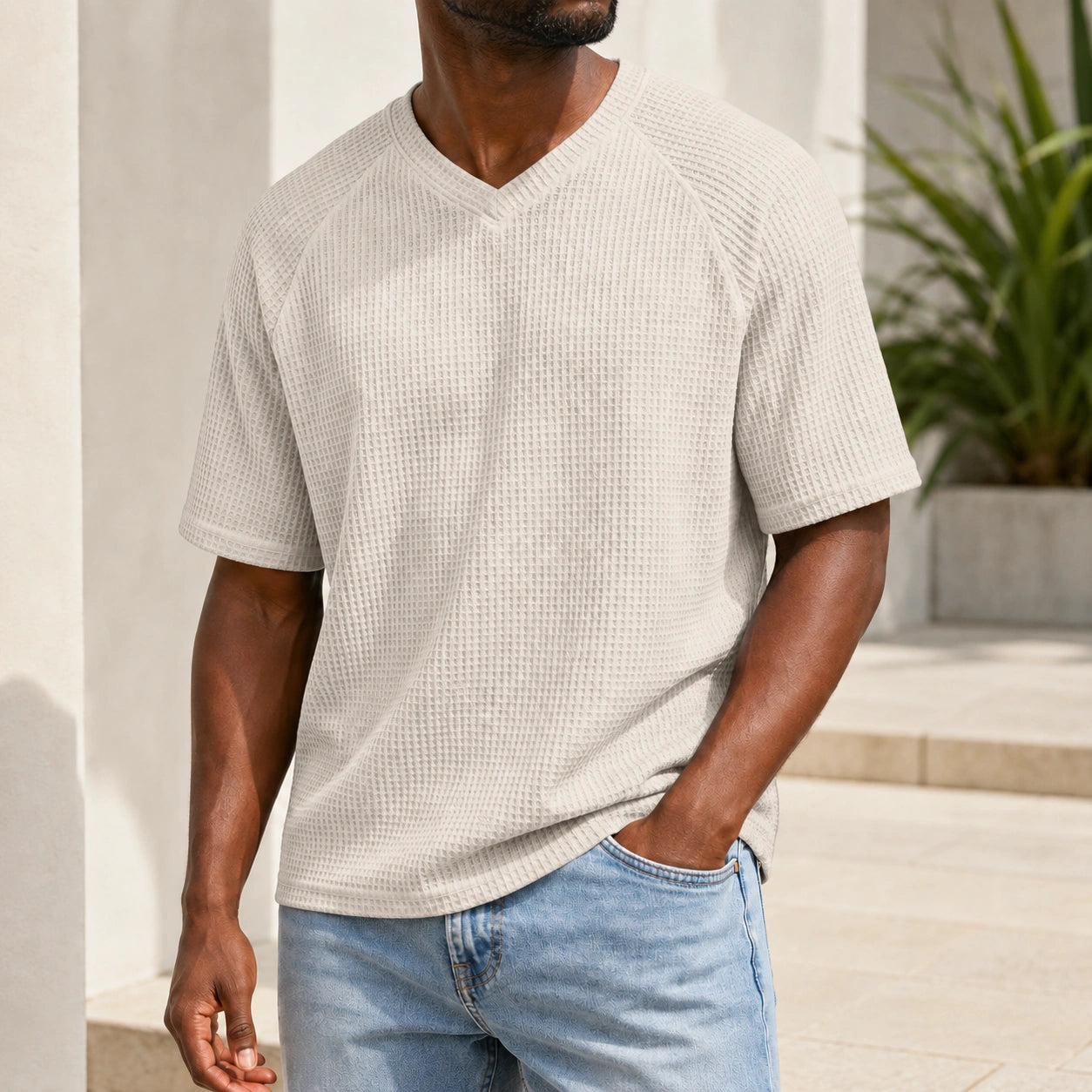 Mivanity Men's V-Neck Waffle Knit Short-Sleeve T-Shirts