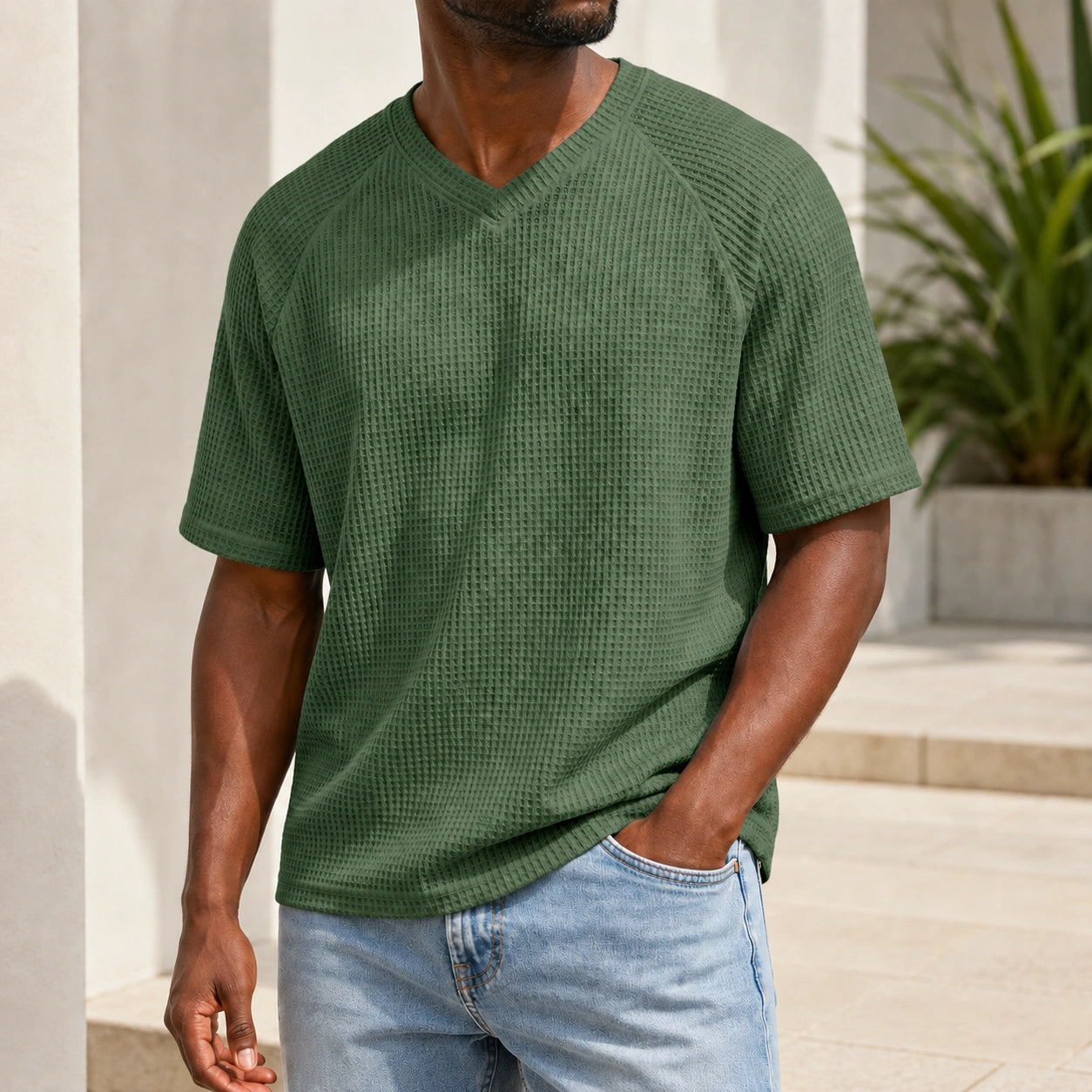 Mivanity Men's V-Neck Waffle Knit Short-Sleeve T-Shirts