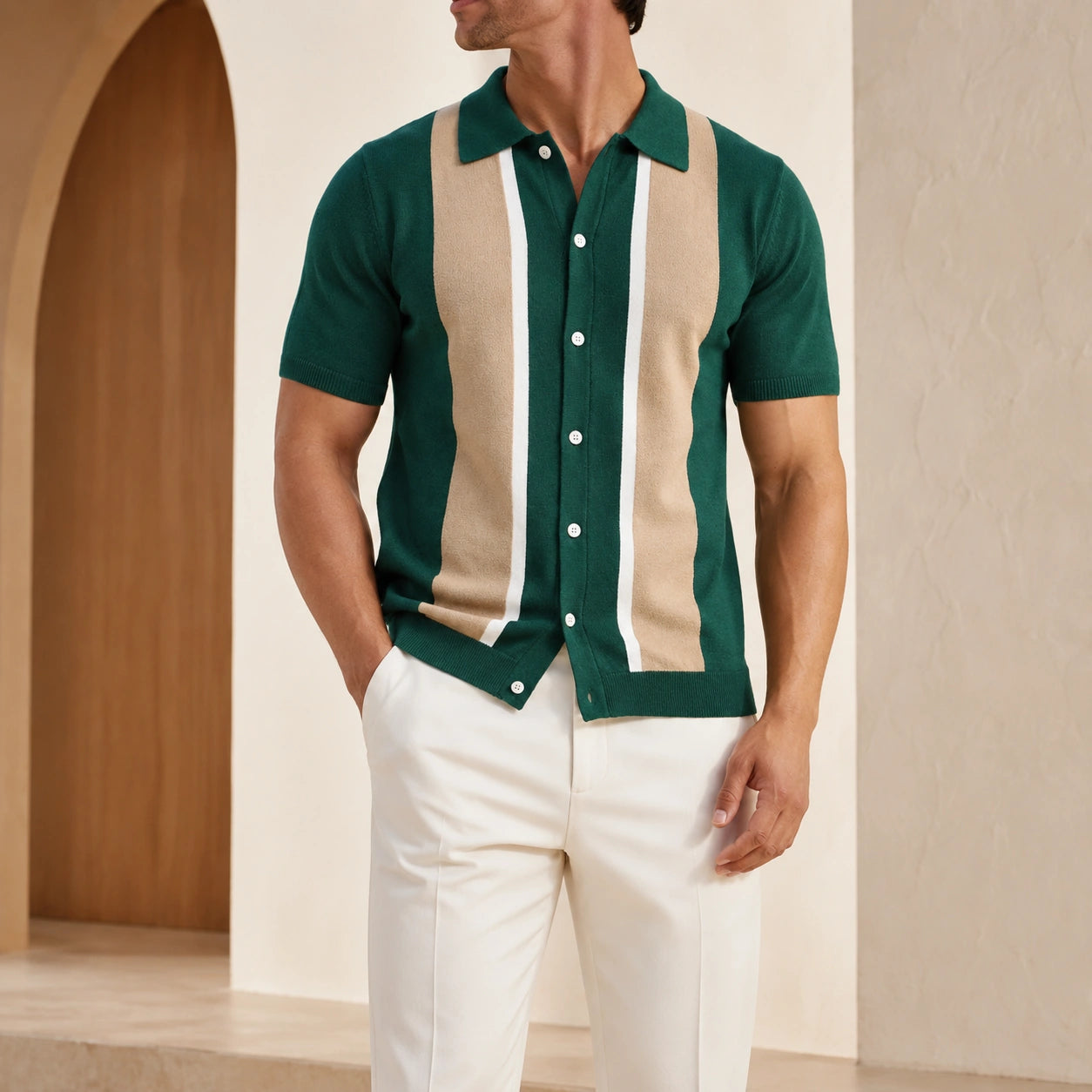 Mivanity Men's Vintage Contrast Stitch Knit Shirts