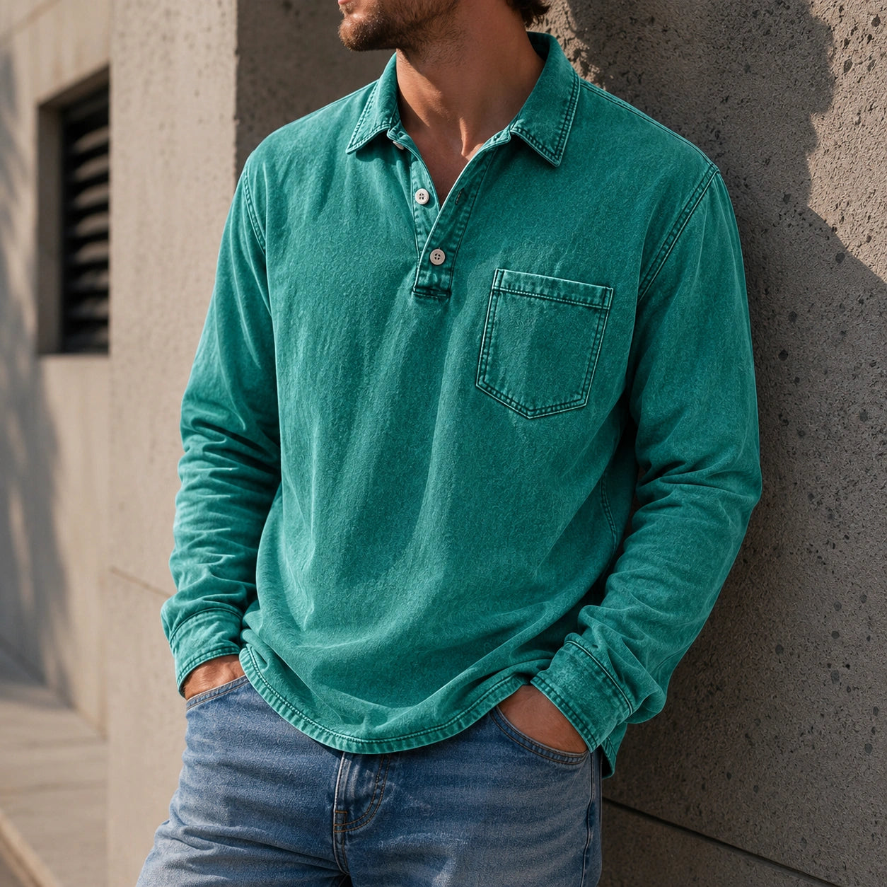 Mivanity Men's Vintage Distressed Lapel Pocket Casual Long-sleeved Polo Shirt