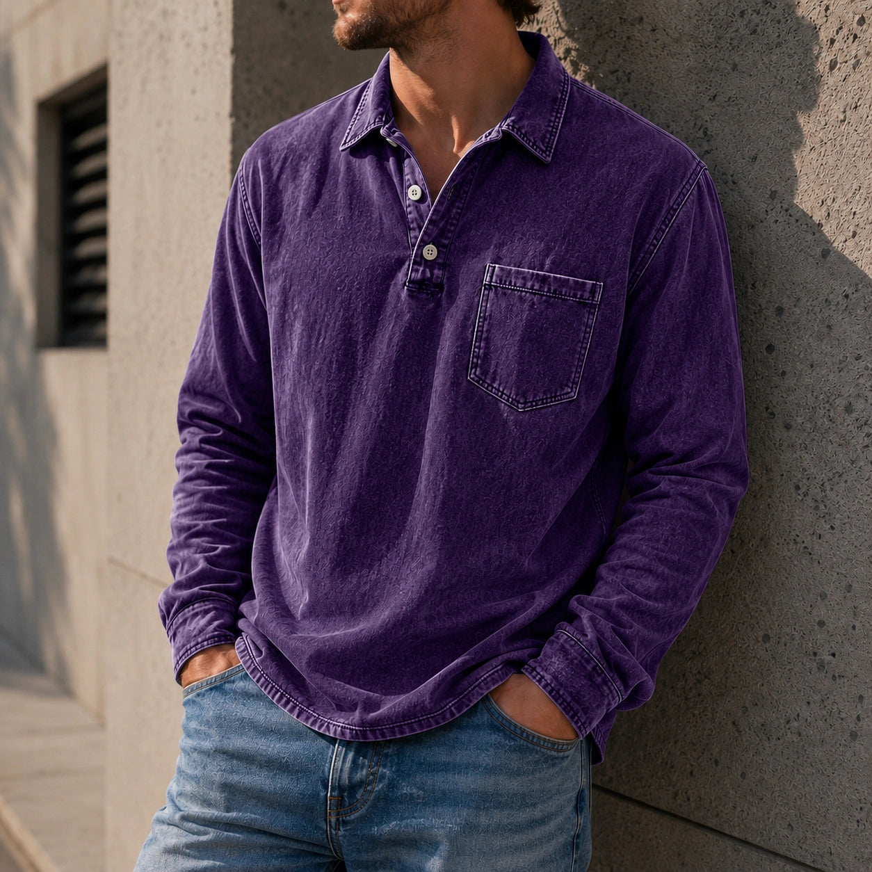 Mivanity Men's Vintage Distressed Lapel Pocket Casual Long-sleeved Polo Shirt
