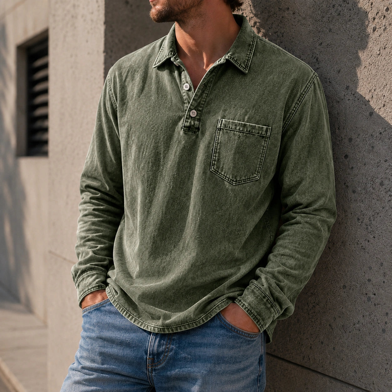 Mivanity Men's Vintage Distressed Lapel Pocket Casual Long-sleeved Polo Shirt
