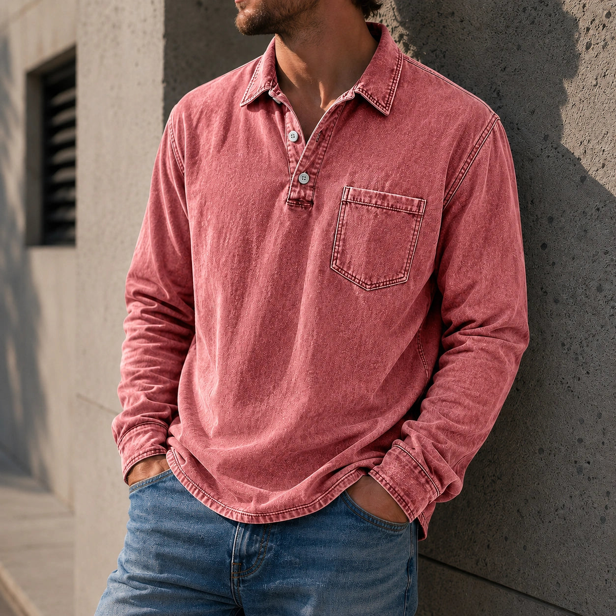 Mivanity Men's Vintage Distressed Lapel Pocket Casual Long-sleeved Polo Shirt