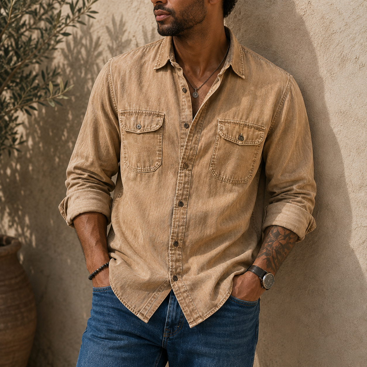 Mivanity Men's Vintage Double-pocket Casual And Comfortable Long Sleeved Shirts