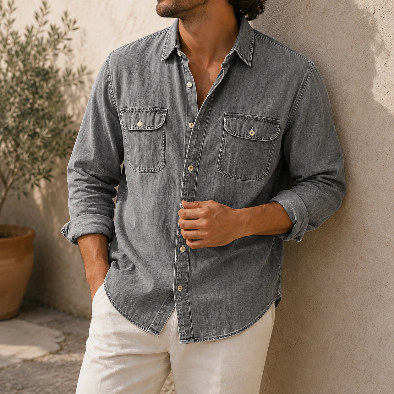 Mivanity Men's Vintage Double-pocket Casual And Comfortable Long Sleeved Shirts