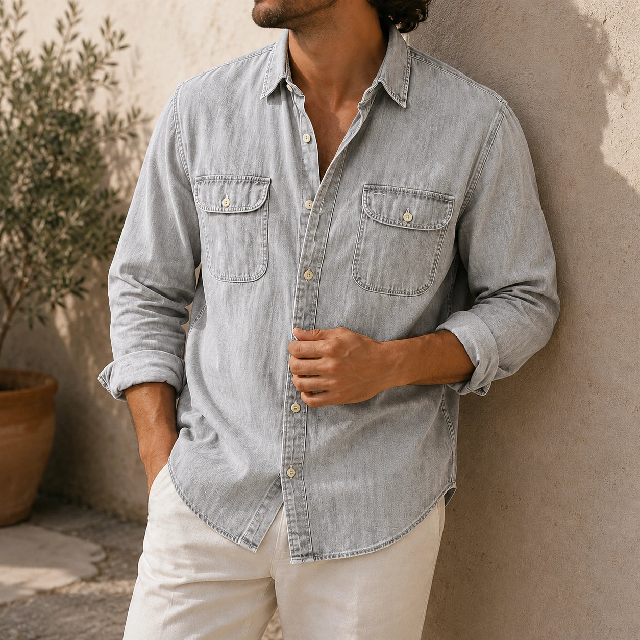 Mivanity Men's Vintage Double-pocket Casual And Comfortable Long Sleeved Shirts