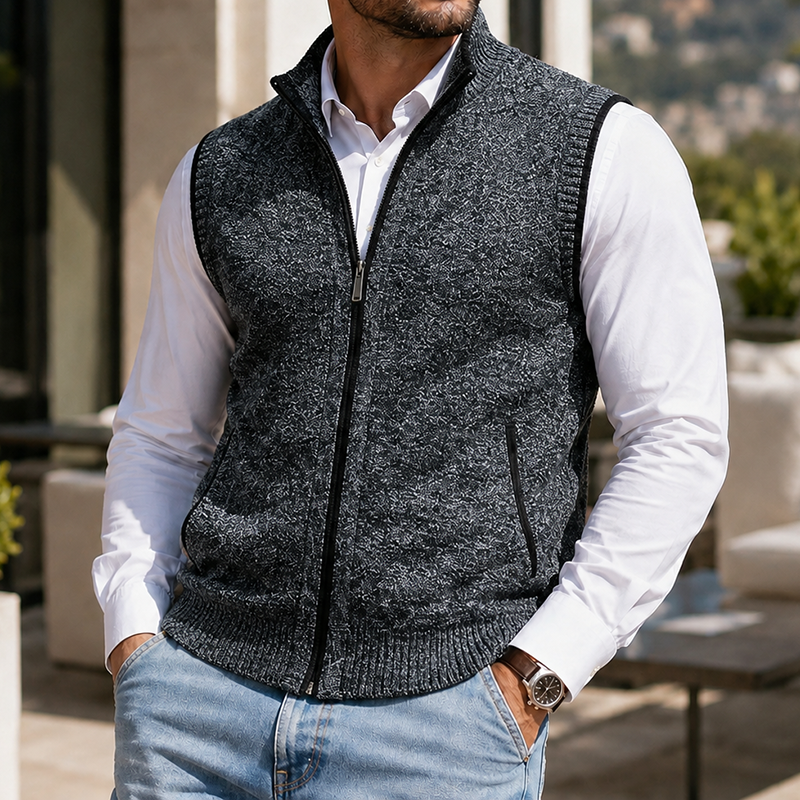 Mivanity Men's Vintage Textured Full-Zip Sweater Vest