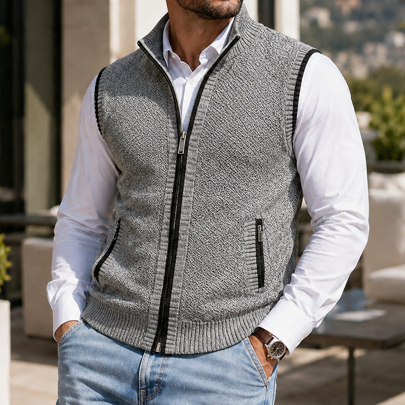 Mivanity Men's Vintage Textured Full-Zip Sweater Vest