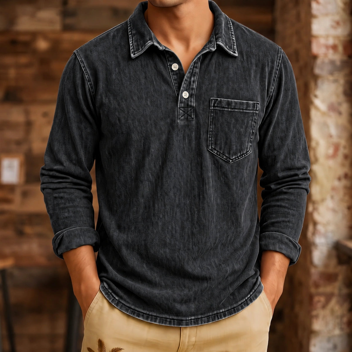 Mivanity Men's Vintage Washed-Effect Long Sleeve Polo Shirt With Pocket