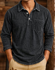 Mivanity Men's Vintage Washed-Effect Long Sleeve Polo Shirt With Pocket